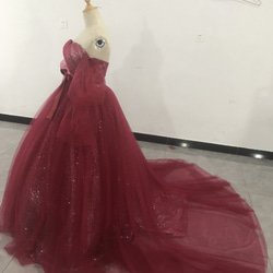 憧れのドレス ワインレッド  カラードレス キラキラ ベアトップ 取り外し袖 花嫁/披露宴 2枚目の画像