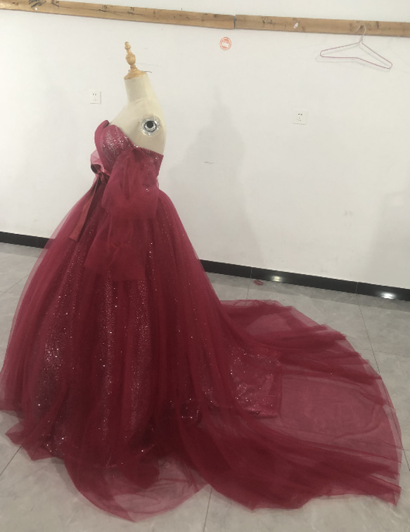 憧れのドレス ワインレッド  カラードレス キラキラ ベアトップ 取り外し袖 花嫁/披露宴 2枚目の画像