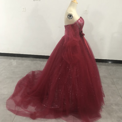 憧れのドレス ワインレッド  カラードレス キラキラ ベアトップ 取り外し袖 花嫁/披露宴 3枚目の画像