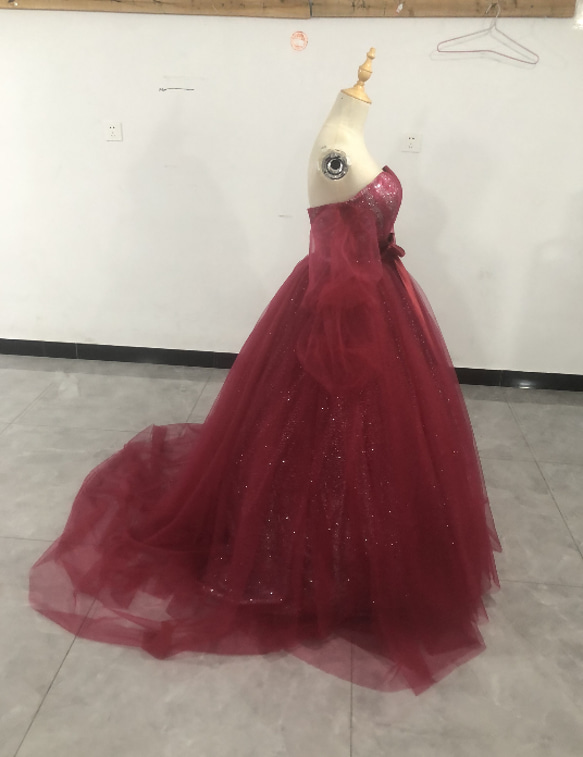 憧れのドレス ワインレッド  カラードレス キラキラ ベアトップ 取り外し袖 花嫁/披露宴 3枚目の画像