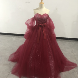 憧れのドレス ワインレッド  カラードレス キラキラ ベアトップ 取り外し袖 花嫁/披露宴 1枚目の画像