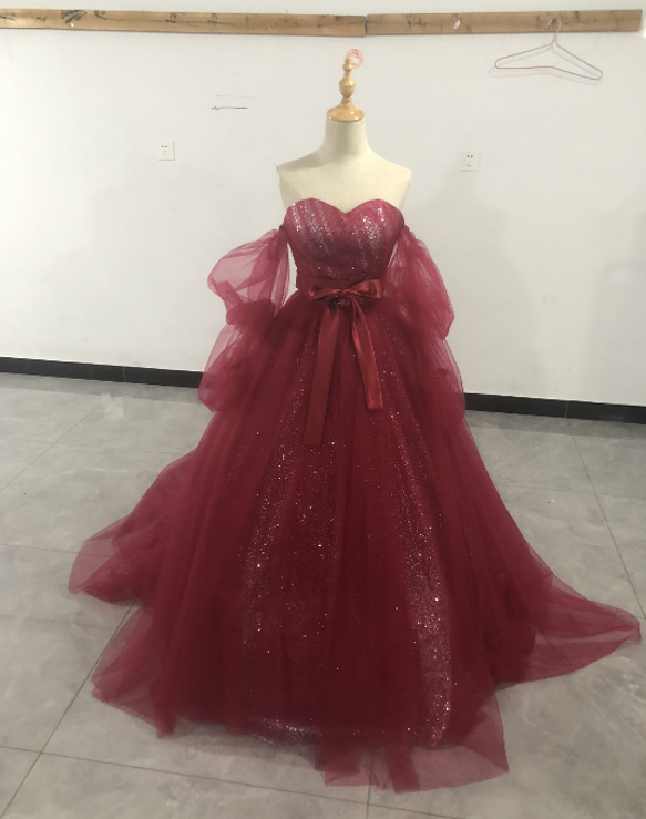 憧れのドレス ワインレッド  カラードレス キラキラ ベアトップ 取り外し袖 花嫁/披露宴 1枚目の画像