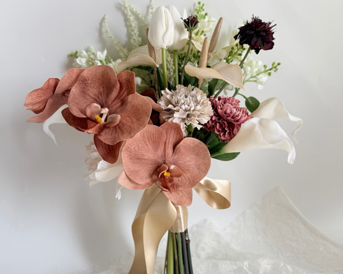 胡蝶蘭♡アンティークカラーの韓国風ウェディングブーケ＆ブートニア