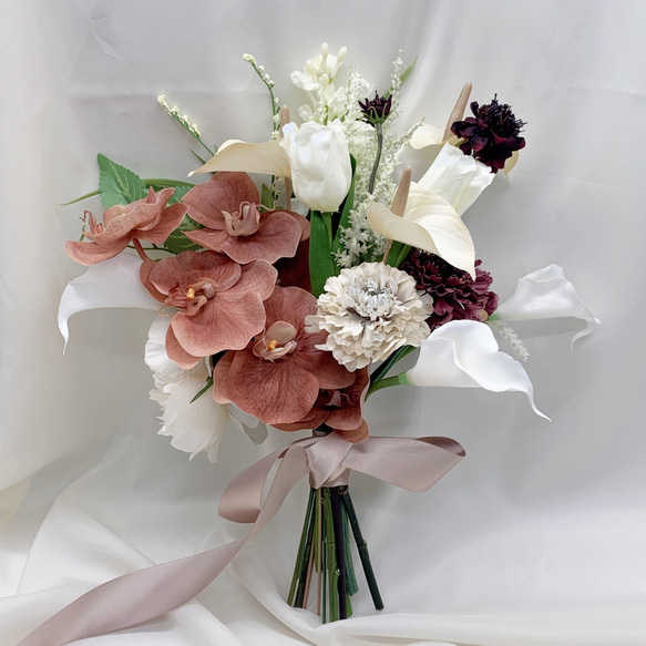 胡蝶蘭♡アンティークカラーの韓国風ウェディングブーケ＆ブートニア