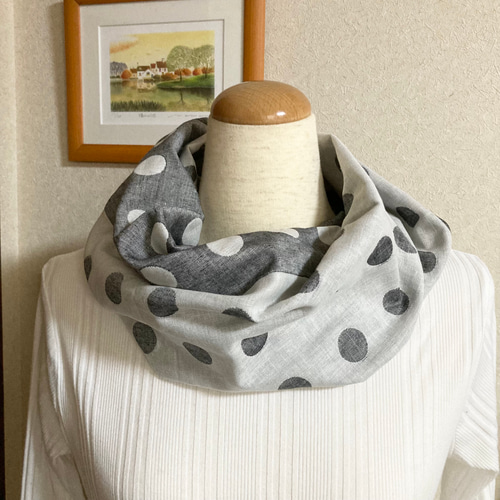 ガーゼスヌード*handmade 再入荷☆グレー濃淡モノトーン大きめドット柄バイカラーのダブル