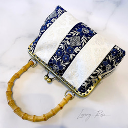 ラスト1点！キリッと爽やか涼しげ色合わせ上品バンブー魅惑の高級インド刺繍レースandフランスレース❤︎小さめハンドバッグ 2枚目の画像