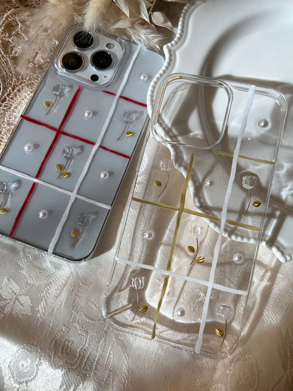 スマホケース  iPhoneケース〝チェックとチューリップ〟 12枚目の画像