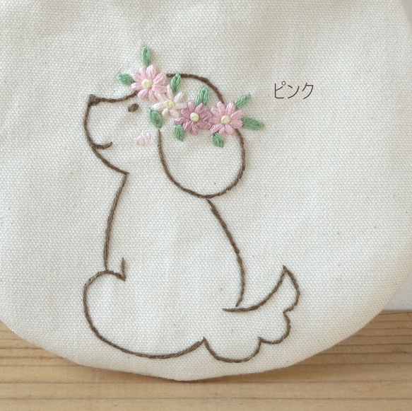 【カラー・サイズ変更可】刺繍のまんまる巾着袋（花かんむりの子犬） 3枚目の画像