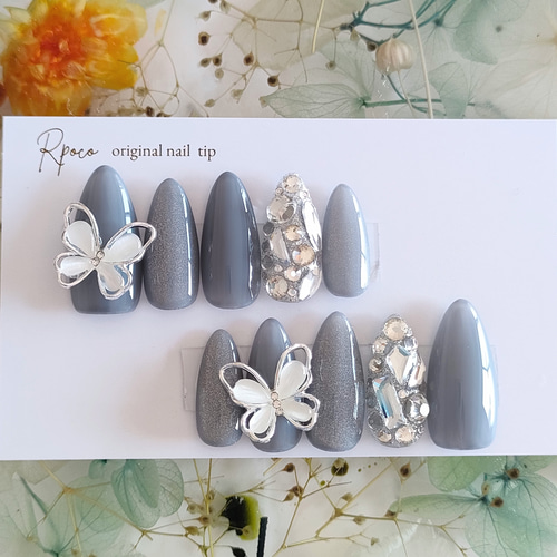 蝶々ストーン埋めつくしくすみブルーマグネットネイルNo.27-2 ネイル  