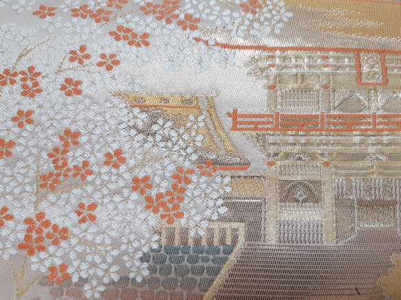 【ロング】ワンタッチ帯　くらわん帯　正絹袋帯リメイク　山門桜文様　作り帯　 4枚目の画像
