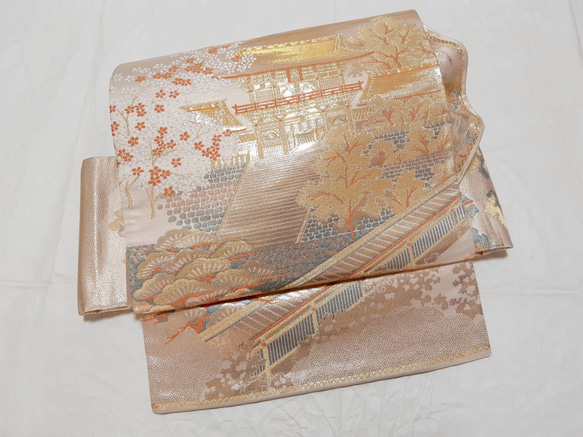 【ロング】ワンタッチ帯　くらわん帯　正絹袋帯リメイク　山門桜文様　作り帯　 1枚目の画像