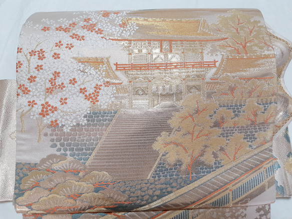 【ロング】ワンタッチ帯　くらわん帯　正絹袋帯リメイク　山門桜文様　作り帯　 2枚目の画像