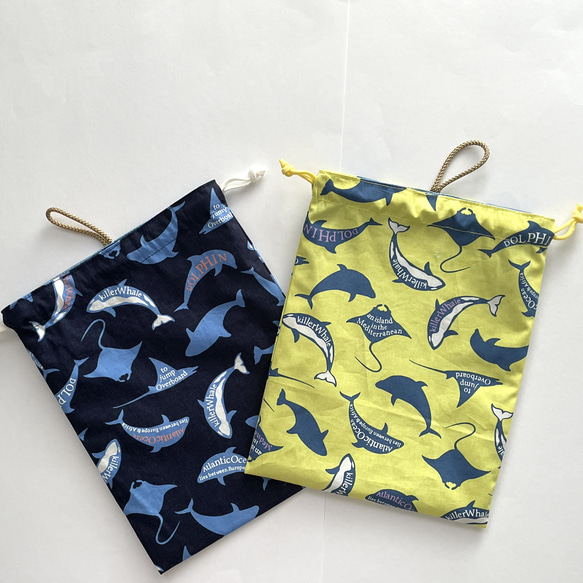 海の仲間ブルー巾着袋　25×20 ループ、撥水加工裏付き 8枚目の画像