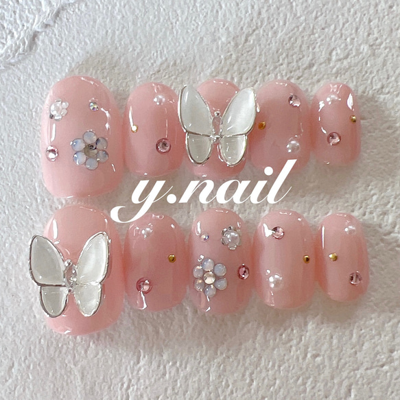 ビジューネイル/韓国ネイル/蝶々ネイル/お花ネイル/ガーリーネイル  