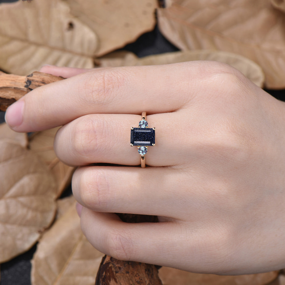 ギャラクシー ブルー サンドストーン リング 6 月の誕生石 アレキサンドライト リング 婚約 結婚指輪 3枚目の画像