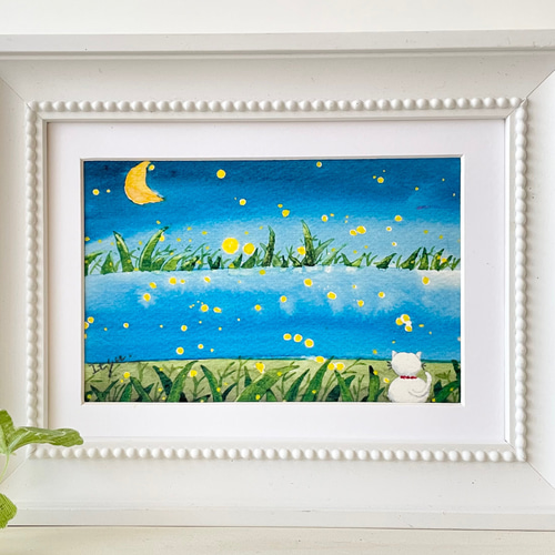 透明水彩画 A4ポスター「ホタルを眺める猫」イラストポスター