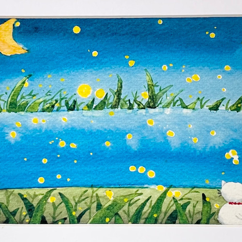透明水彩画 A4ポスター「ホタルを眺める猫」イラストポスター