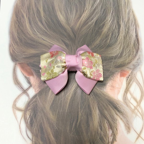 京都 西陣織 トリプルリボンバレッタ クリーム 桜 × ピンク 3枚目の画像