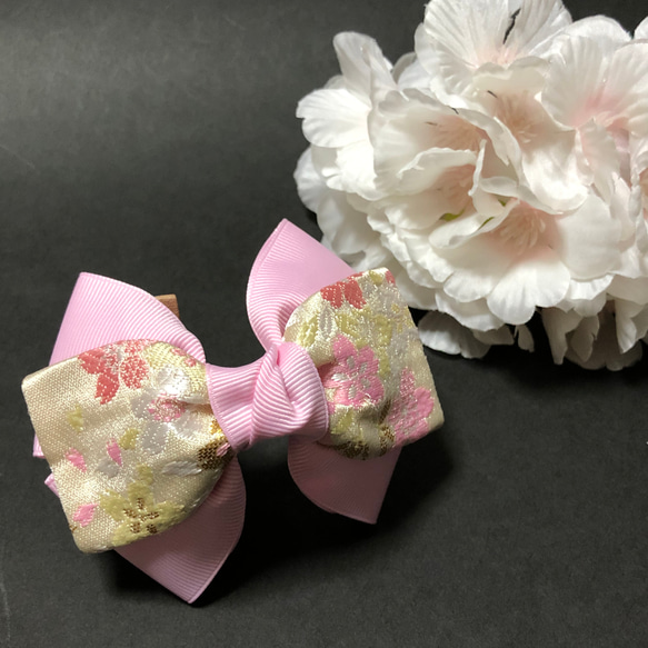 京都 西陣織 トリプルリボンバレッタ クリーム 桜 × ピンク 1枚目の画像