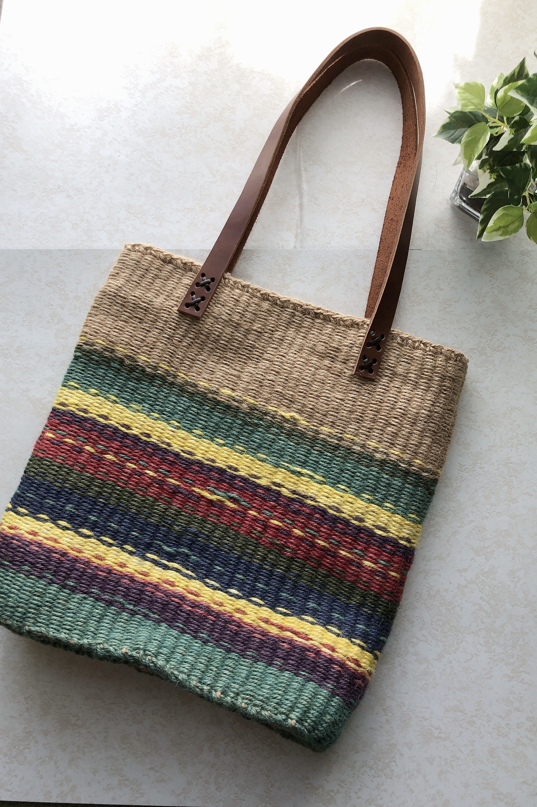 【一点物】手染め麻ひもかごバッグ　A4サイズ肩掛けバッグ　マルチーカラー