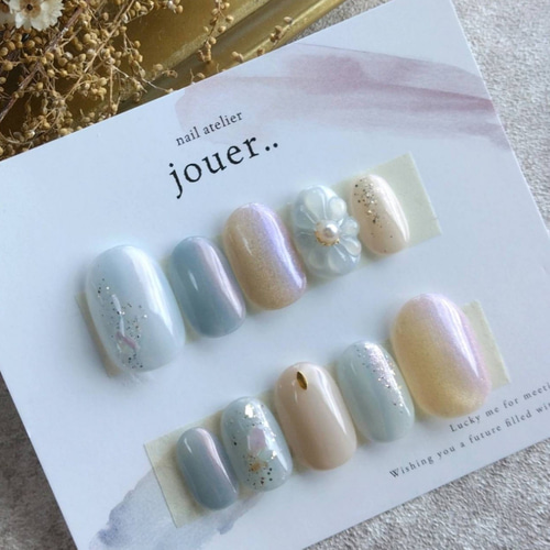 60】ブルーのニュアンスとぷっくりフラワー♡ くすみブルー  