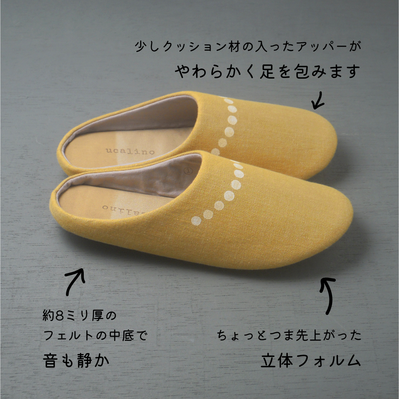 《特集掲載》ネックレス・イエローデニム／しっかりした作りのやわらか国産デニム製おしゃれルームシューズ（スリッパ）