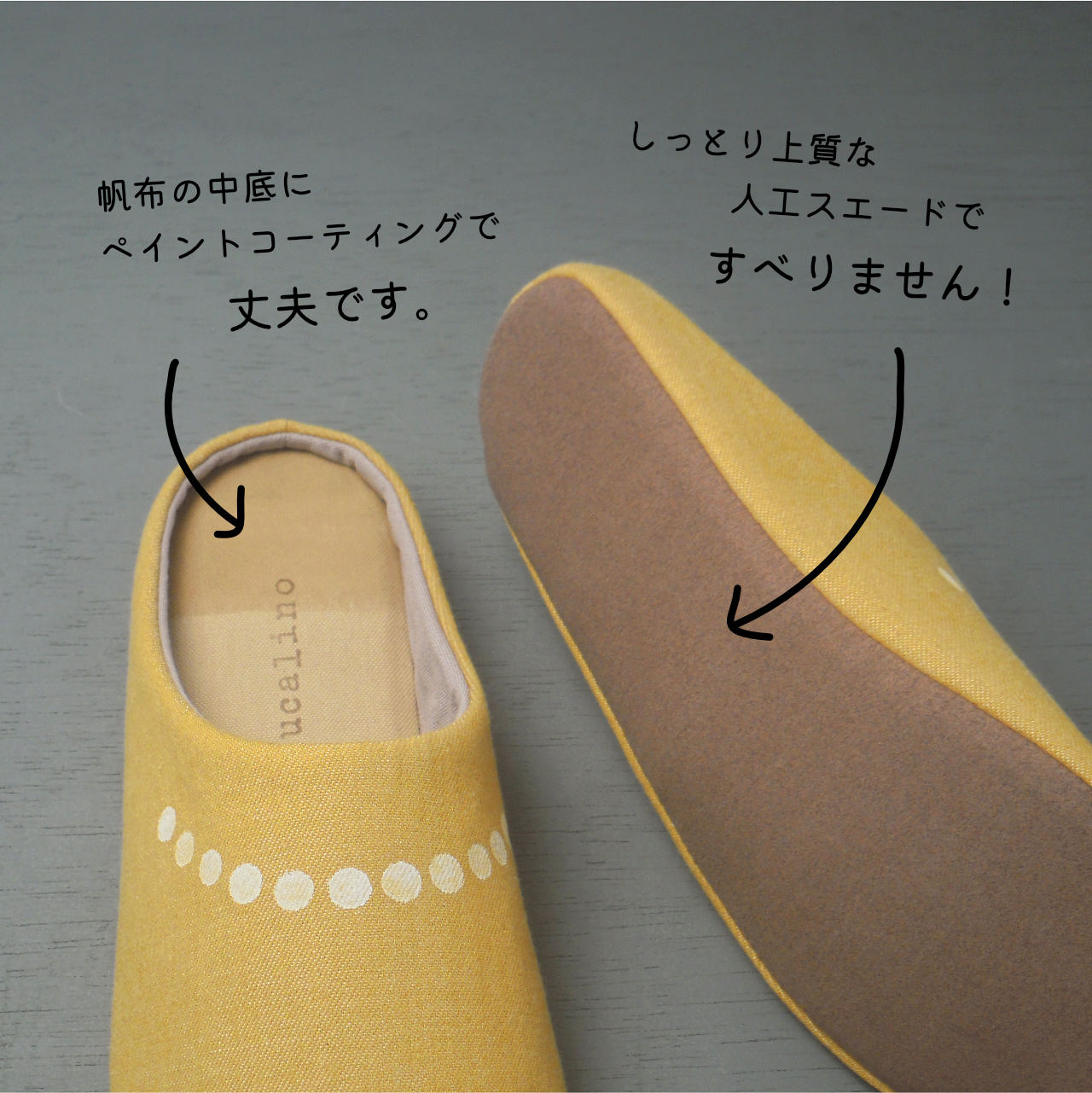 《特集掲載》ネックレス・イエローデニム／しっかりした作りのやわらか国産デニム製おしゃれルームシューズ（スリッパ）