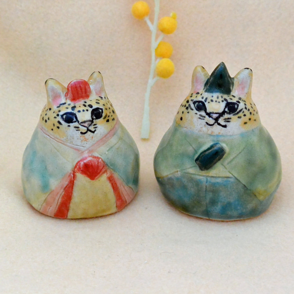 猫のお雛様　ひな人形　ヒョウ柄ネコ　ヒョウ・ねこ　手作り陶器・陶芸　ネコの置き物　おひなさま 9枚目の画像