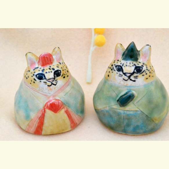 猫のお雛様　ひな人形　ヒョウ柄ネコ　ヒョウ・ねこ　手作り陶器・陶芸　ネコの置き物　おひなさま 4枚目の画像