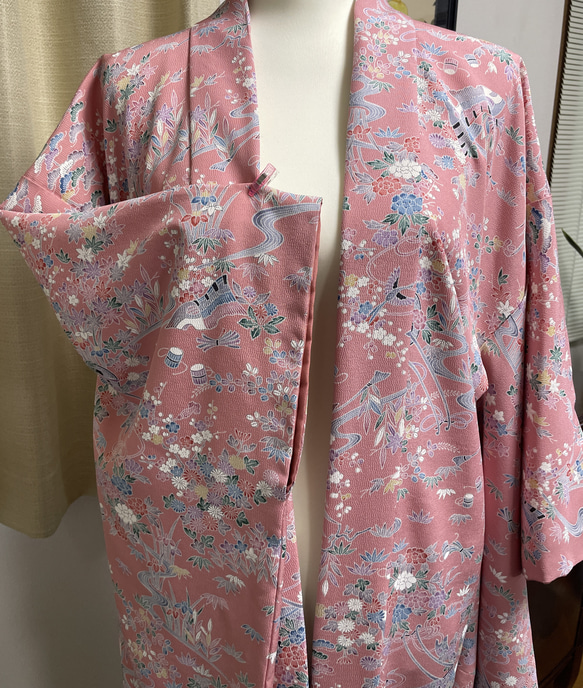 着物リメイク　振り袖羽織　春の花柄ピンク　（裏付き） 4枚目の画像