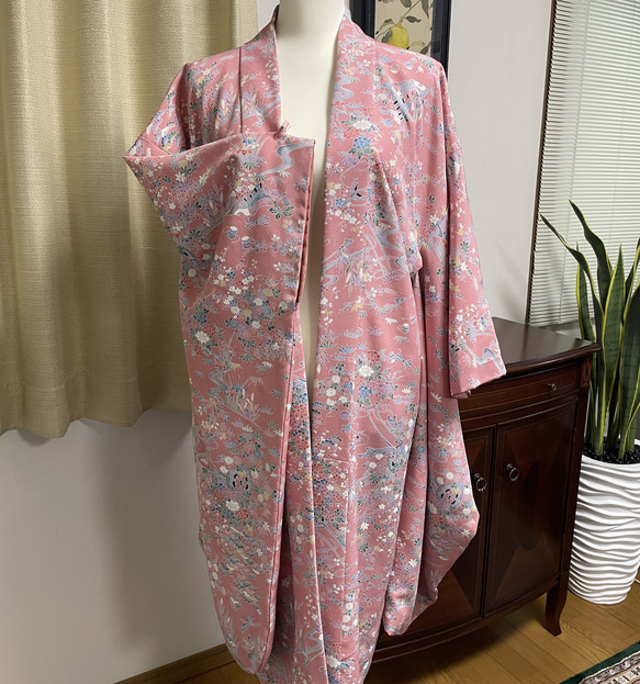 着物リメイク　振り袖羽織　春の花柄ピンク　（裏付き） 3枚目の画像