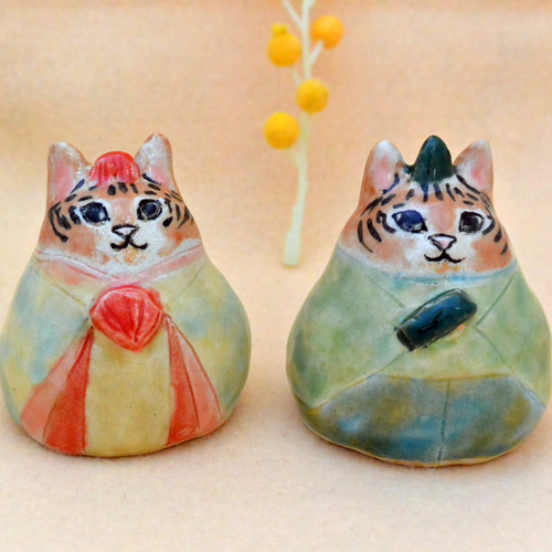 猫のお雛様 ひな人形 トラ柄ネコ 虎・ねこ 手作り陶器・陶芸 ネコの