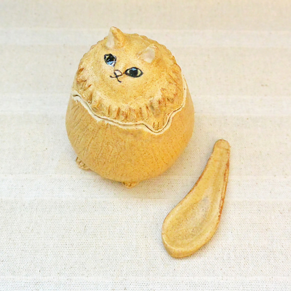 猫のシュガーポット　シュガーキャット　黄色　ねこ・猫　手作り陶芸・陶器　食器・小物入れ・置き物 1枚目の画像