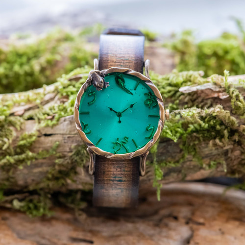 ヴィンテージ　緑石　レア　フィリップ．ルノ　腕時計　ブレスレット　廃盤　限定 Creema限定】池の中から母蛙を見つめるおたまじゃくし腕時計M青緑