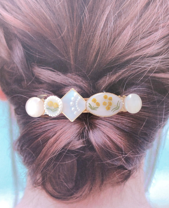 ミモザの春待ちバレッタ　春　バレッタ　ヘアアクセサリー　フラワー　入学式　卒業式　大小セット　母の日　親子コーデ 7枚目の画像