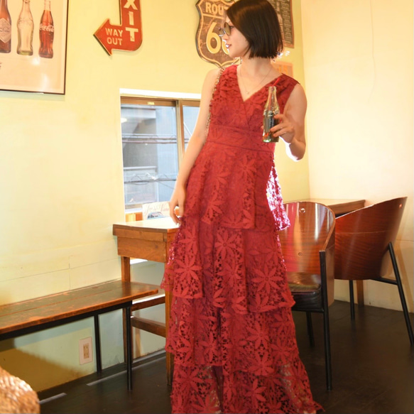 Spicy Summer Dress　総レース　赤ワンピース/オールオンワン/ルビー/バーガンディー　裾上げ可 12枚目の画像