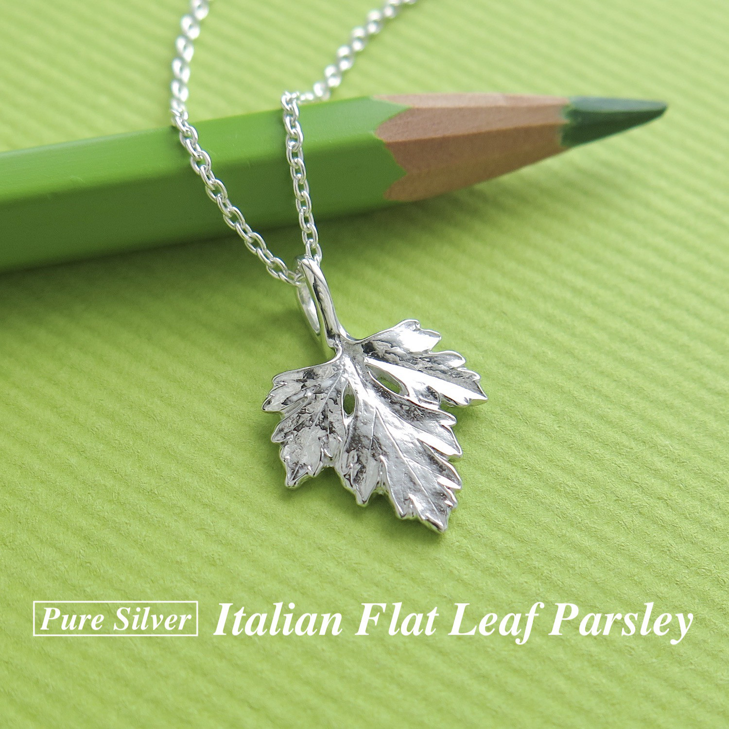 [純銀製]イタリアンパセリ リーフペンダント, シルバーチェーン, ミニシルバーケアセット付, ハーブジュエリー,1点物