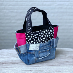 ♾専用♾ ふんわりミニトートバッグ▸︎▹︎デニムリメイク レオパ▸︎▹︎ハンドメイド バケツ型 2WAY ポケット ミニトートバッグ ＊デニムリメイク×シンプル