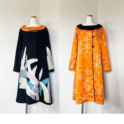 リバーシブル コート【 着物リメイク 】黒留袖 松柄 * オレンジ
