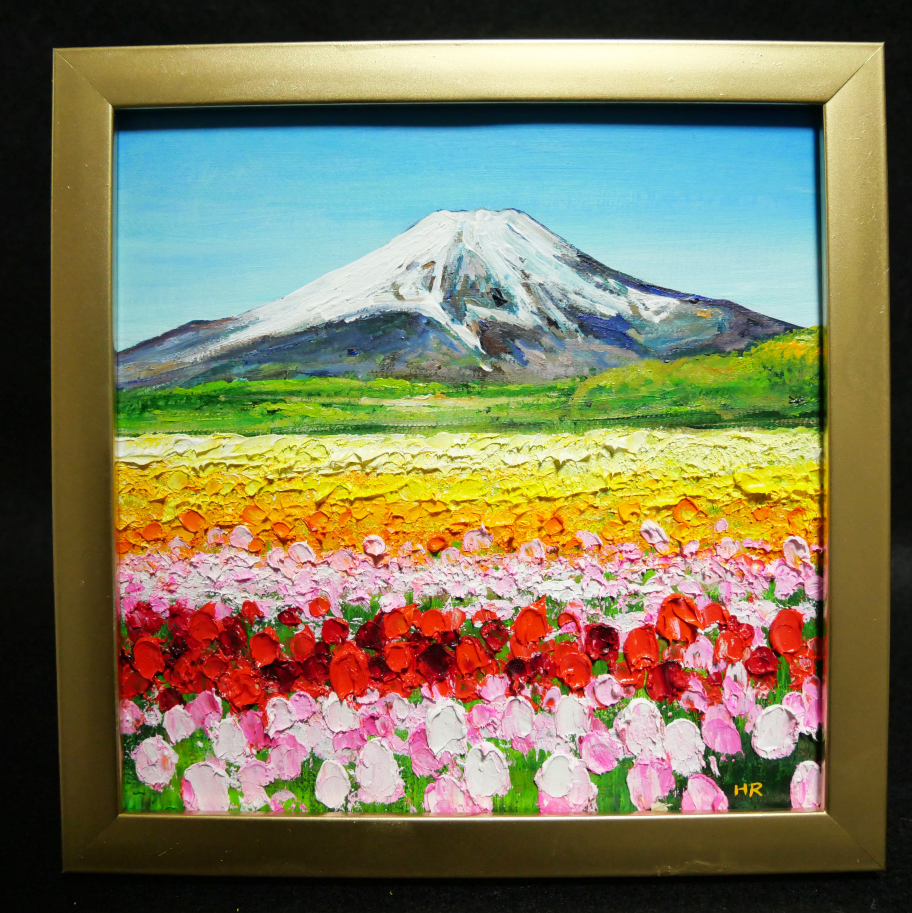 絵画 油絵 アートパネル【お花畑と富士山】