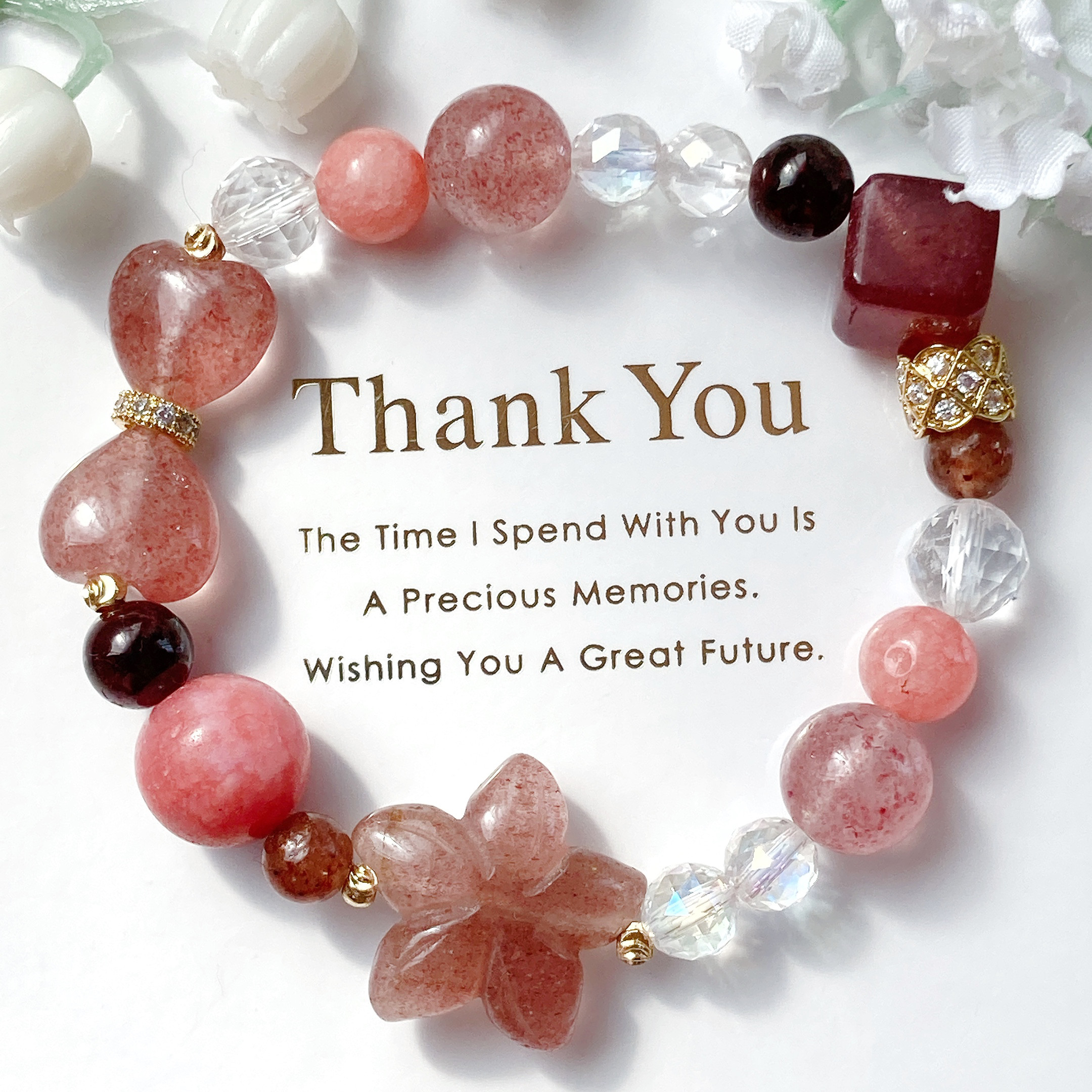 ストロベリークォーツプルメリアリボンキューブ天然石ブレスレット 11,760円