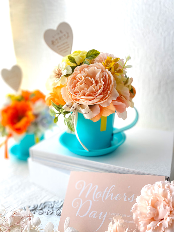 【Mother's Day＊ブリキアレンジbg】アーティフィシャルフラワー　母の日ギフト　誕生日 ミント　カップソーサー 2枚目の画像