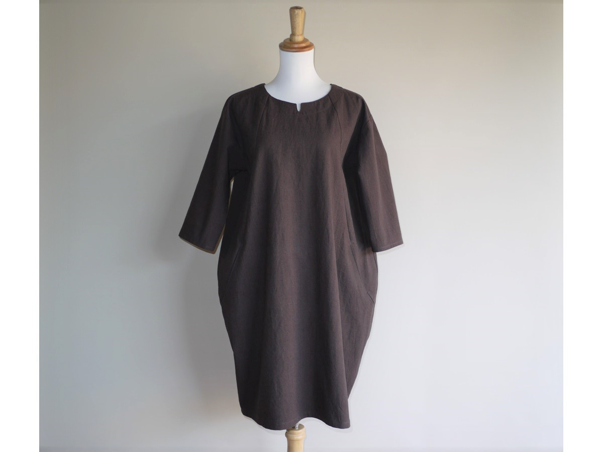 サックワンピース　七分袖◇チョコレート【やわらかコットンリネン】◇S・M・Ⅼ・LL