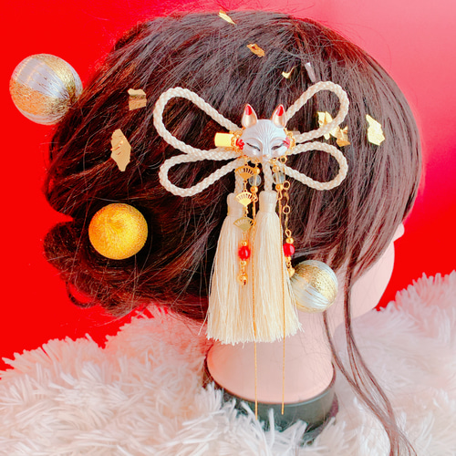 人気☆キツネ☆ミニお面☆組紐☆タッセル☆お祭り髪飾り☆成人式髪飾り