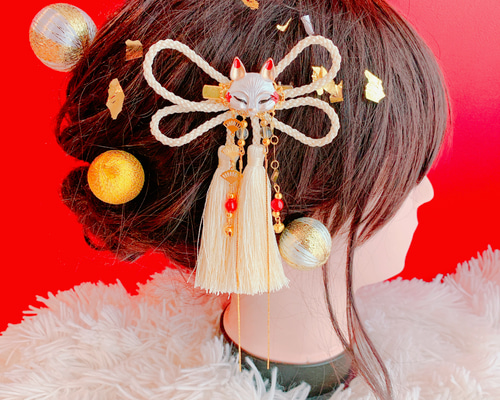人気☆キツネ☆ミニお面☆組紐☆タッセル☆お祭り髪飾り☆成人式髪飾り