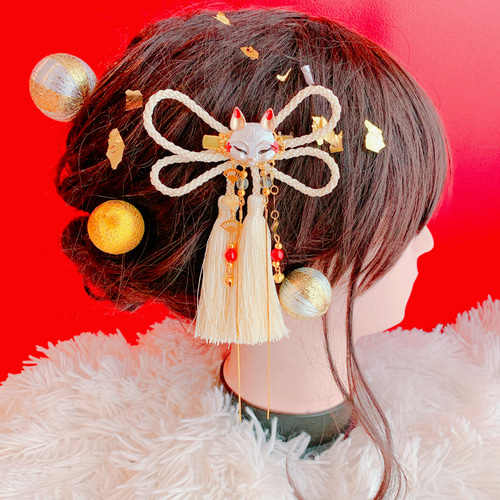 人気☆キツネ☆ミニお面☆組紐☆タッセル☆お祭り髪飾り☆成人式髪飾り