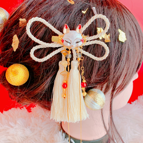 人気☆キツネ☆ミニお面☆組紐☆タッセル☆お祭り髪飾り☆成人式髪飾り