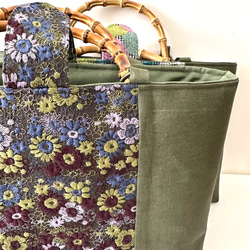 刺繍シリーズ　Mバンブーバッグ　「スクエア小花」緑　和装にも… 7枚目の画像