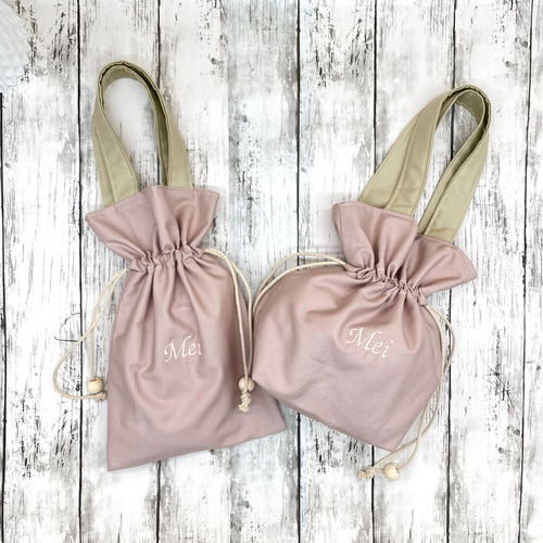 たま様確認用テディベアピンク給食袋巾着袋名入れ