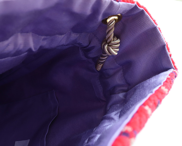 上質ファブリック　ジャガードパイル　巾着バッグ ショルダー　Red×Beige paisley 6枚目の画像